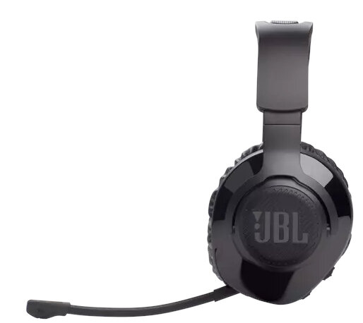 Czarne słuchawki do gier JBL z mikrofonem na białym tle.