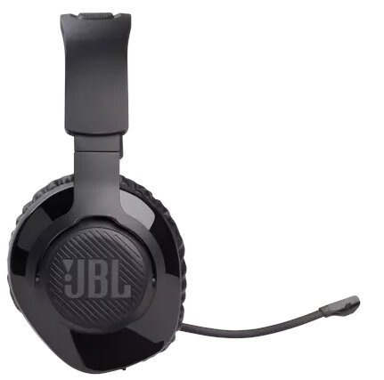 Czarny zestaw słuchawkowy JBL z mikrofonem. Nazwa marki jest widoczna na nauszniku.