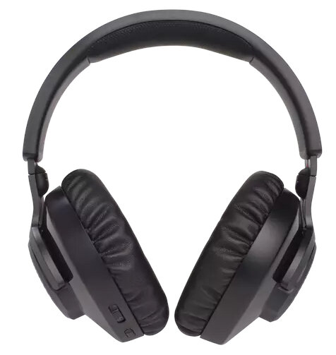 Czarne słuchawki. Nauszniki są owalne, a pałąk regulowany.