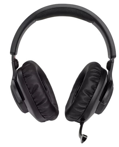 Czarne słuchawki nauszne z mikrofonem. Nauszniki są skóropodobne.