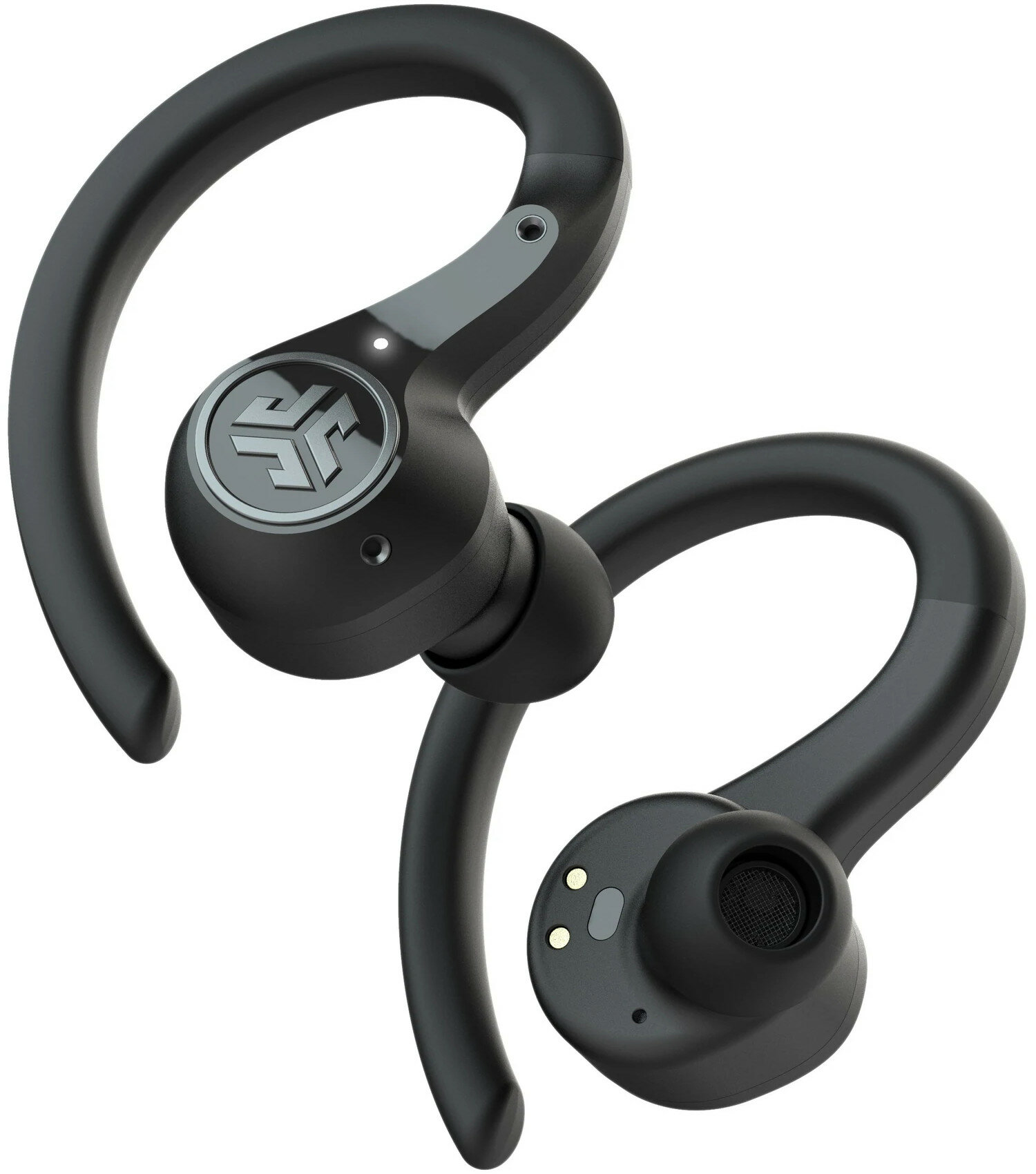 Czarne słuchawki JLab z zaczepami na uszy. Logo JLab na słuchawkach. Białe tło.