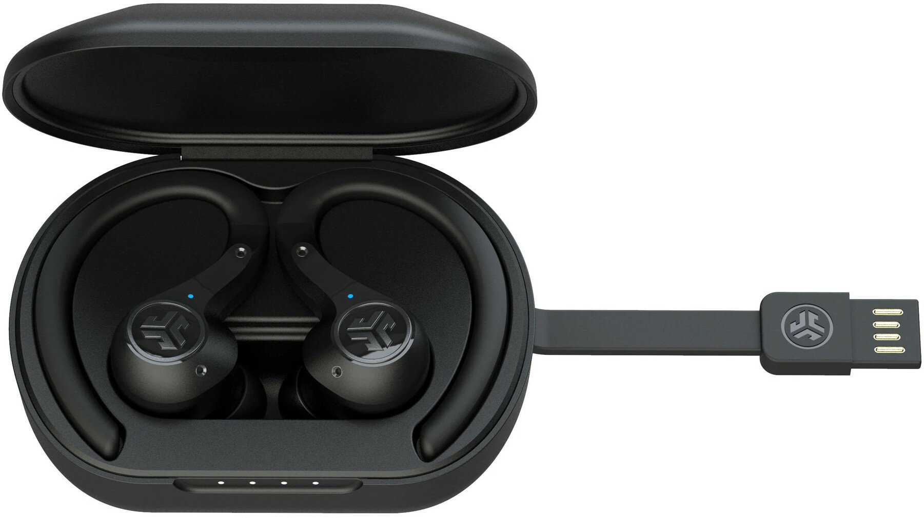 Czarne wkładki douszne w otwartym etui ładującym z dołączonym kablem ładującym USB.