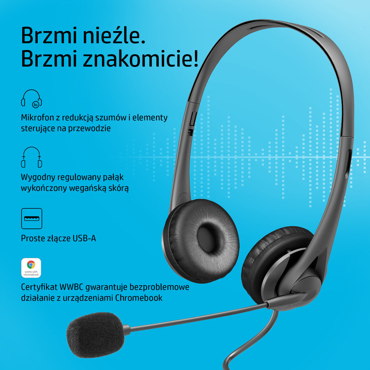 Czarny zestaw słuchawkowy z mikrofonem, tekst na niebieskim tle. Tekst brzmi: 'Brzmi świetnie'.