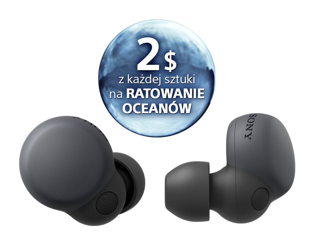 Dwa ciemnoszare bezprzewodowe słuchawki z niebieskim okręgiem wskazującym darowiznę na rzecz ochrony oceanów.