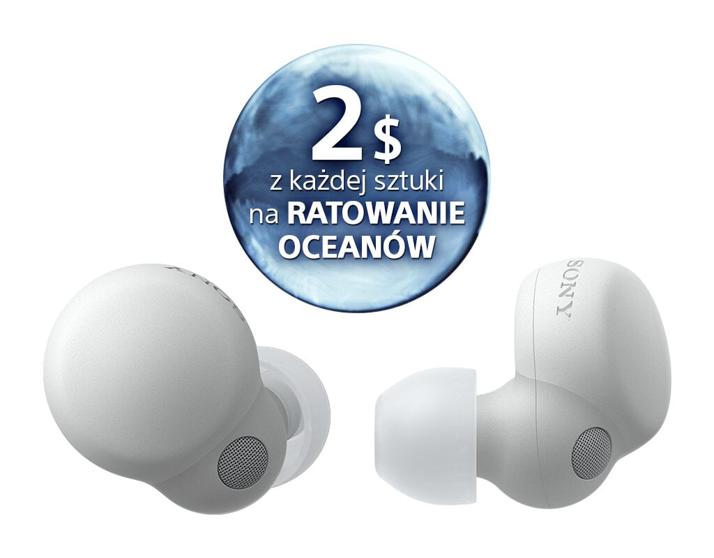 Dwie białe słuchawki z promocyjną naklejką z napisem '2$ dla Oceanu' w kolorze niebieskim.