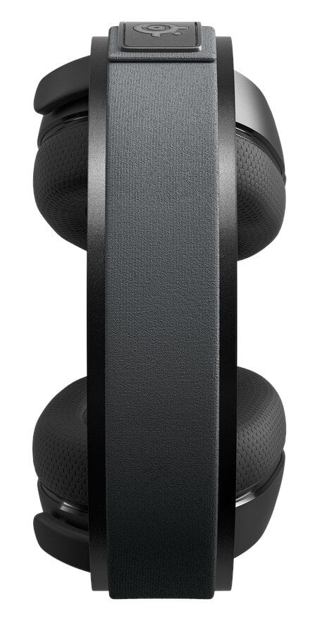 Czarne słuchawki. Nauszniki i pałąk połączone ramą. Z boku widoczne logo marki.