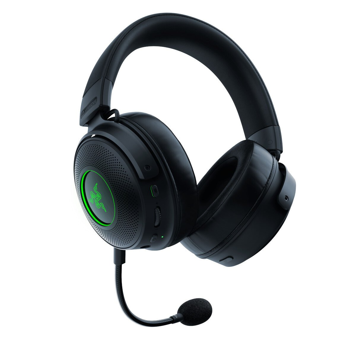 Czarne słuchawki dla graczy Razer z mikrofonem. Zielone logo widoczne na nauszniku. Design jest nowoczesny i elegancki.