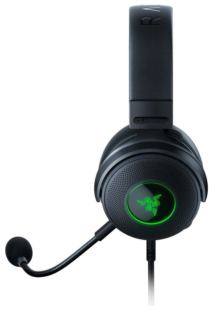 Czarny zestaw słuchawkowy Razer do gier z zielonym logo i mikrofonem po lewej stronie.