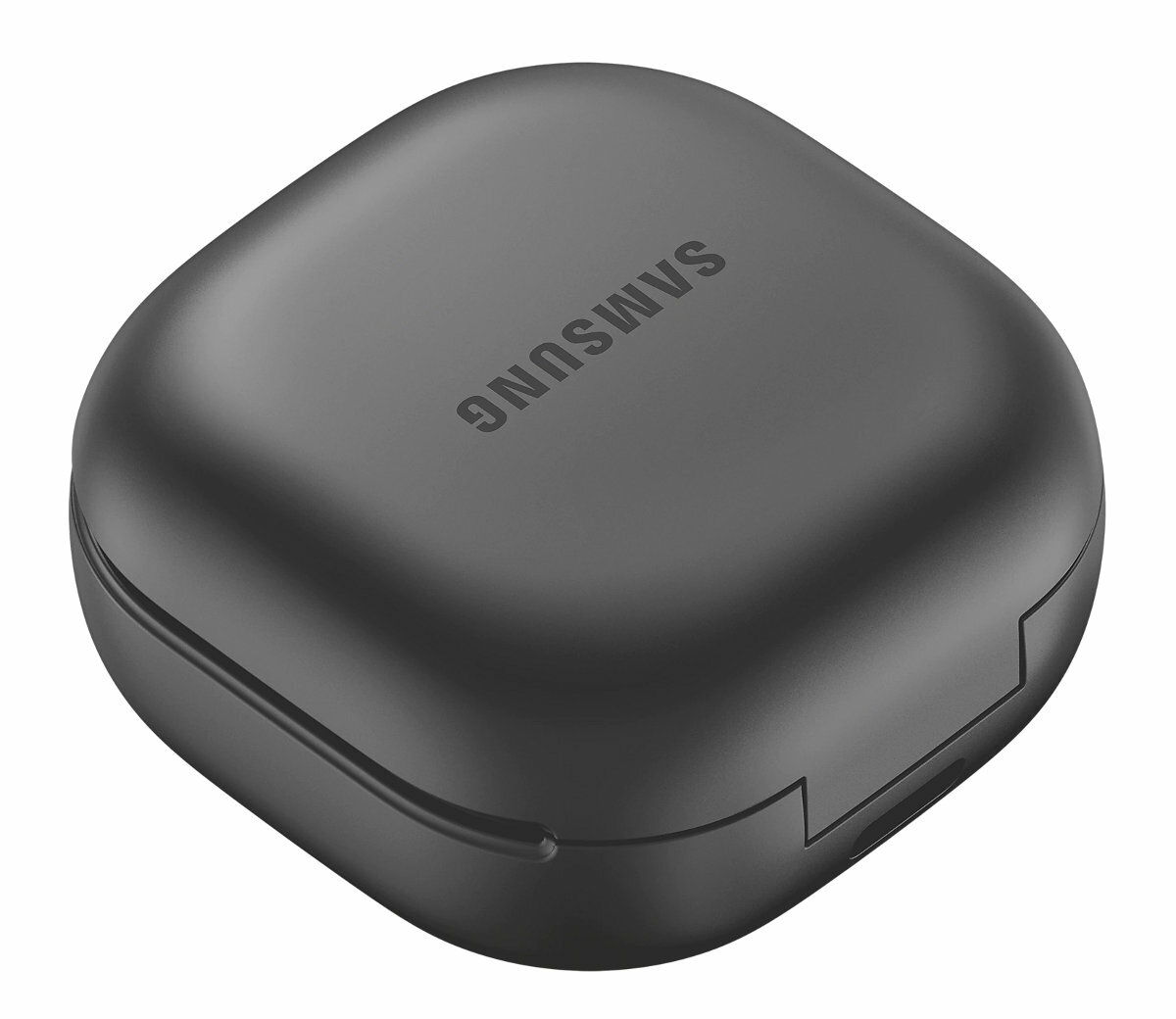 Czarny, zamknięty futerał na słuchawki Samsung z nazwą marki.