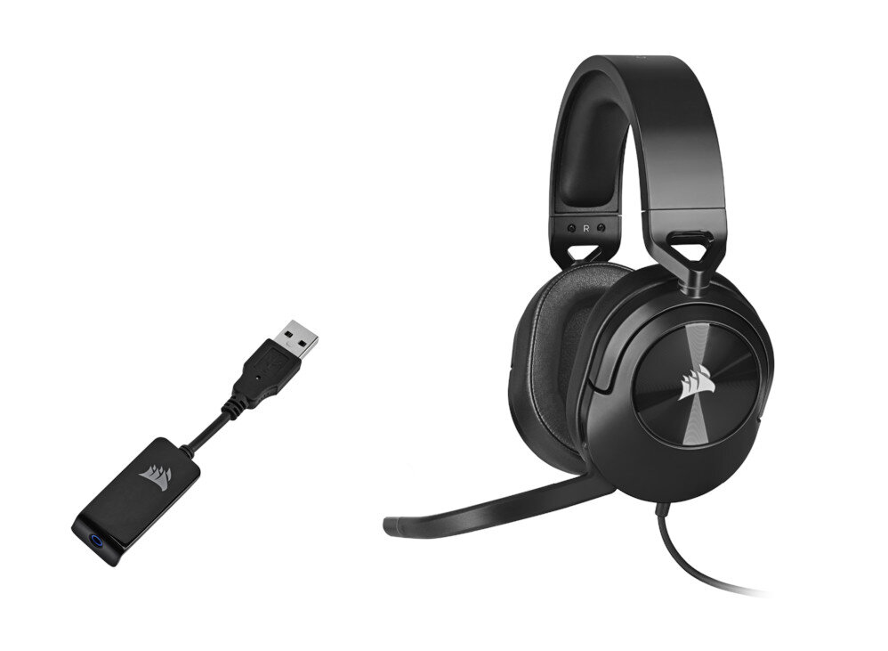 Czarne słuchawki z złączem USB i mikrofonem. Białe tło.