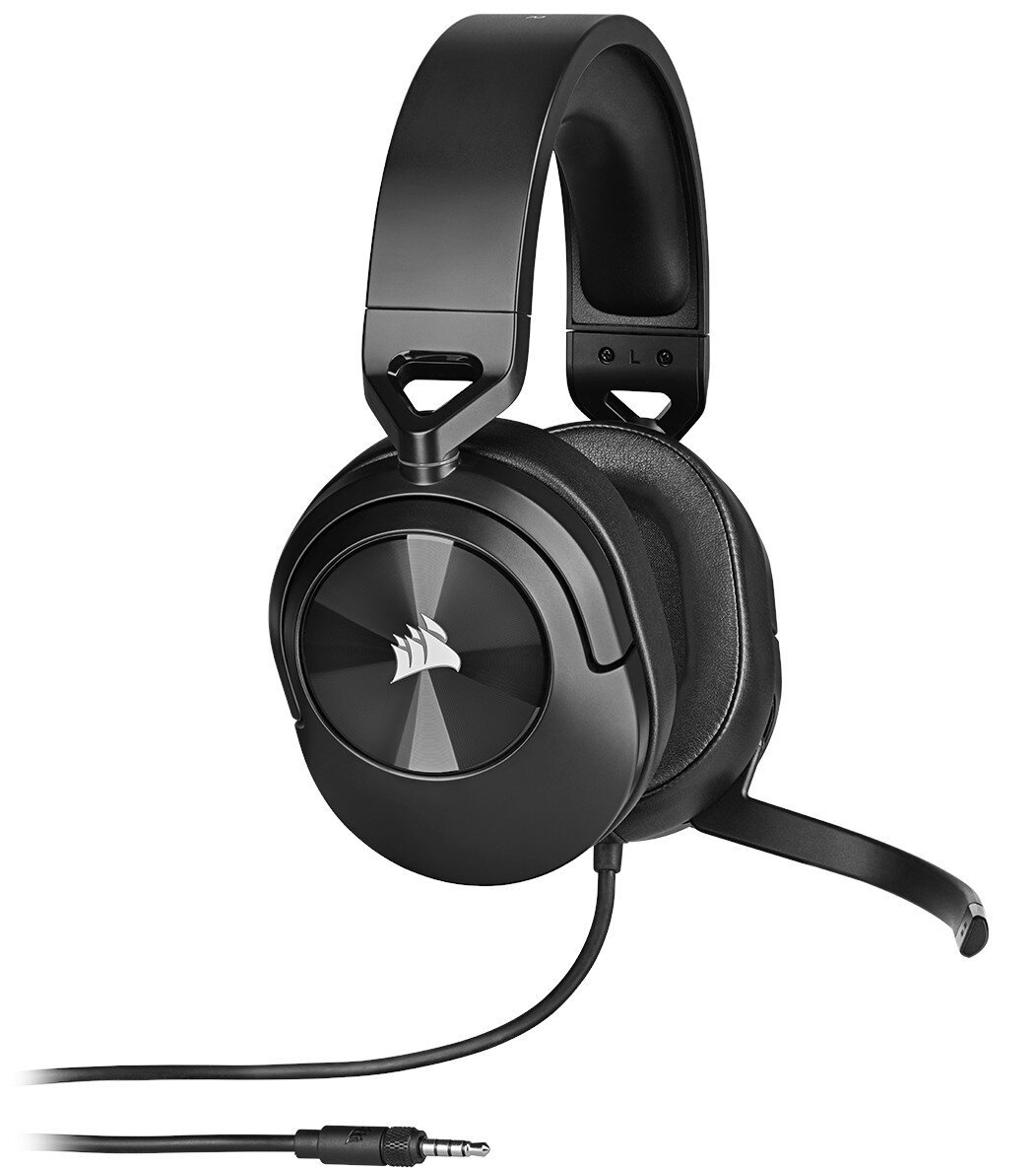 Czarne słuchawki Corsair z mikrofonem. Zestaw słuchawkowy jest połączony kablem.