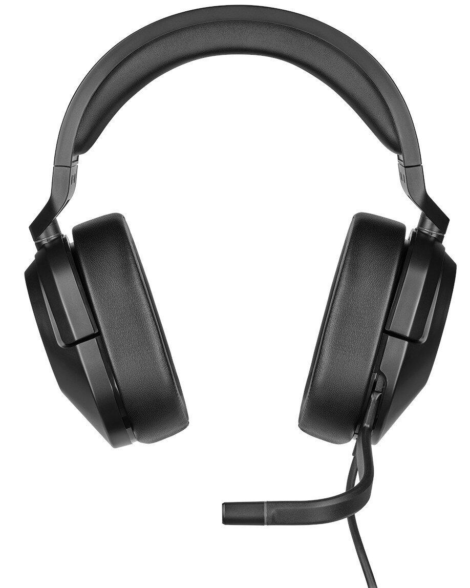 Czarne słuchawki z dołączonym mikrofonem. Wyściełane nauszniki i pałąk. Tło jest białe.