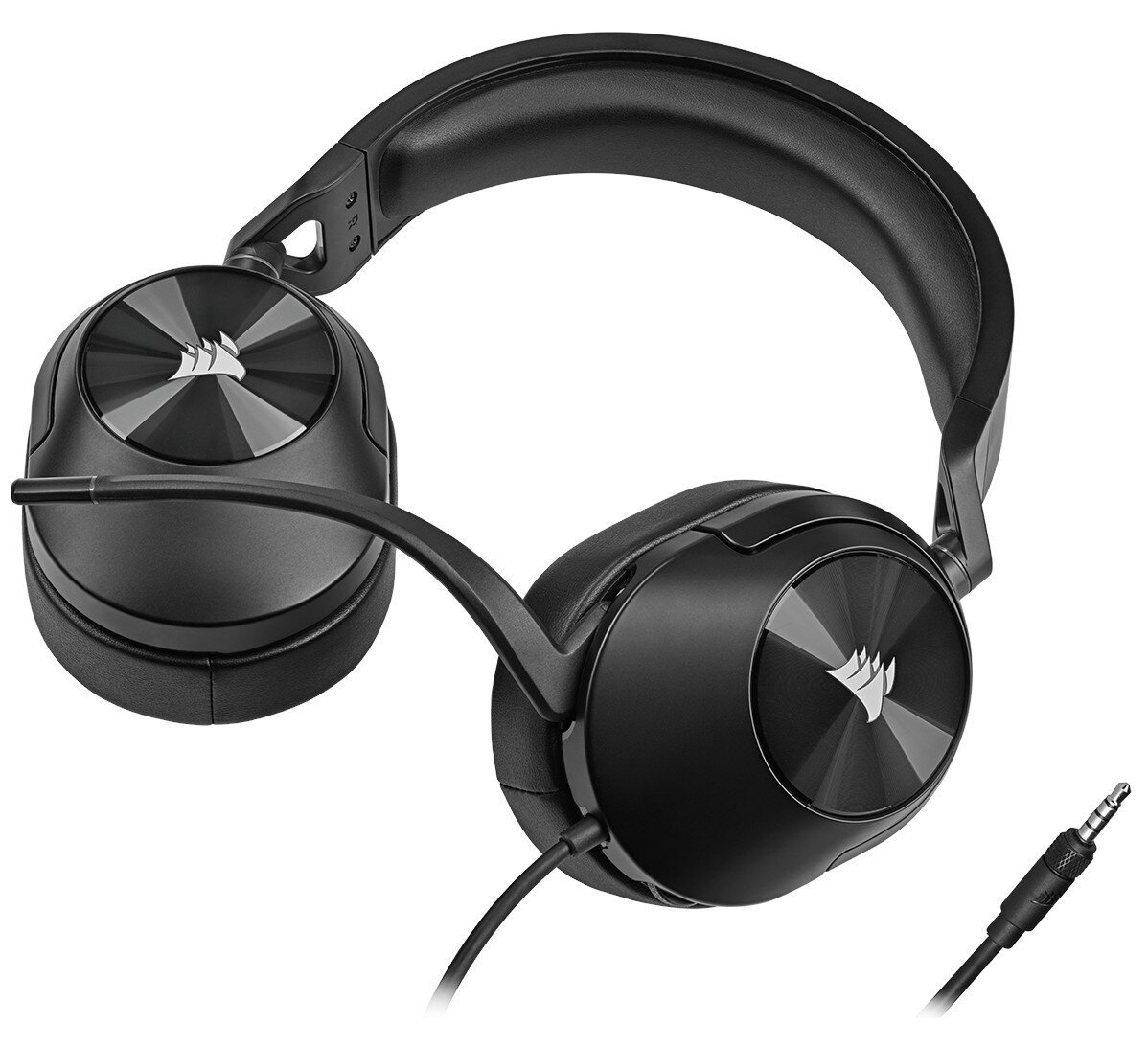 Czarny zestaw słuchawkowy z mikrofonem. Widoczne logo Corsair. Białe tło.