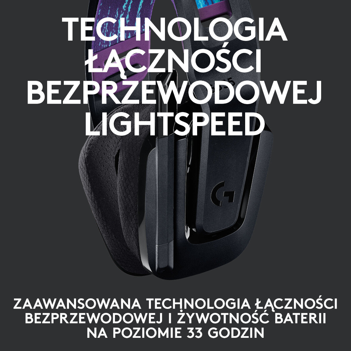 Słuchawki z tekstem w języku polskim i logo G. Tło to fioletowo-niebieski gradient.