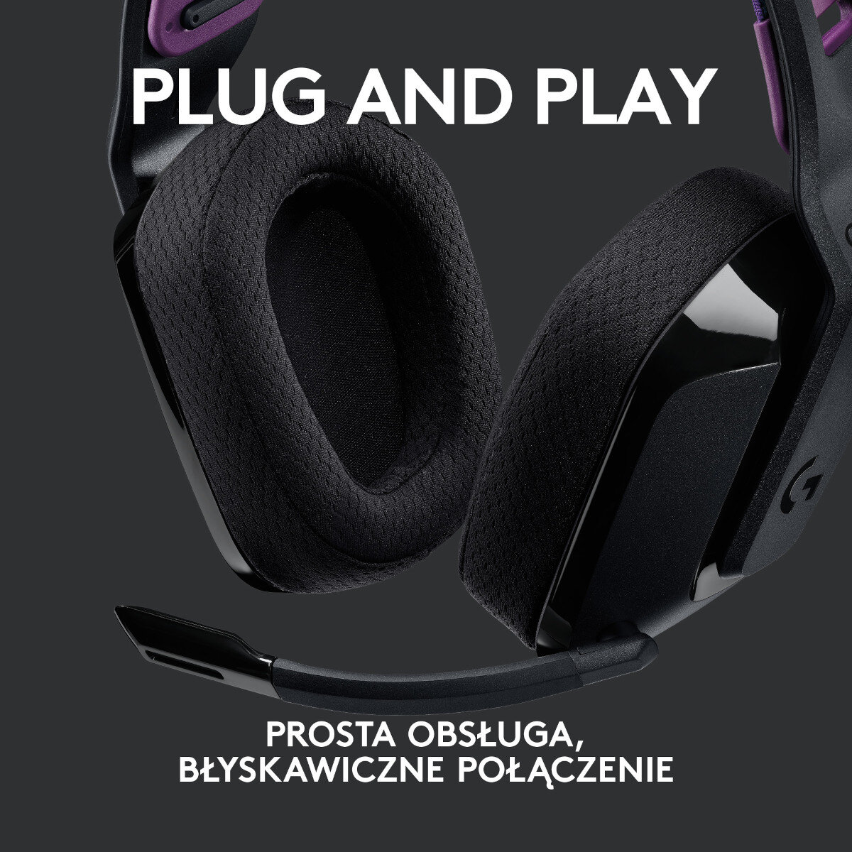 Czarno-fioletowy zestaw słuchawkowy dla graczy z mikrofonem, tekst 'Plug and Play'.