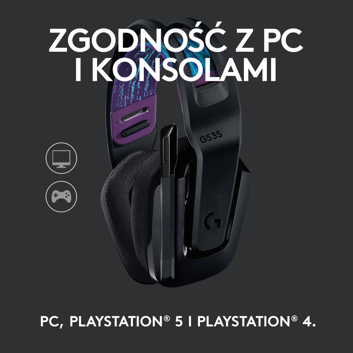 Czarny zestaw słuchawkowy dla graczy z fioletowymi akcentami. Tekst mówi o kompatybilności z PC, Playstation 5 i 4.
