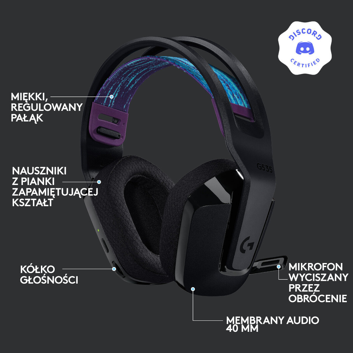 Czarne słuchawki dla graczy z mikrofonem, pokrętłem głośności, regulowanym pałąkiem.