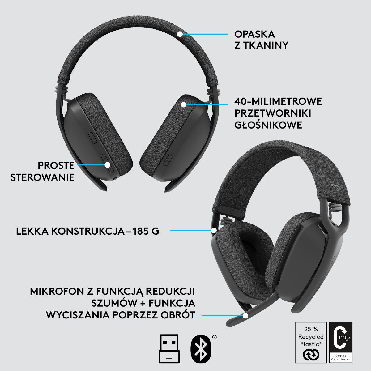 Słuchawki bezprzewodowe LOGITECH Słuchawki bezprzewodowe LOGITECH Zone Vibe 125 Grafitowy 981-001126 Grafitowy
