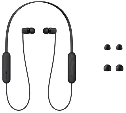 Czarne bezprzewodowe słuchawki douszne z opaską na szyję. Zawiera dodatkowe wkładki douszne. Prosty design.