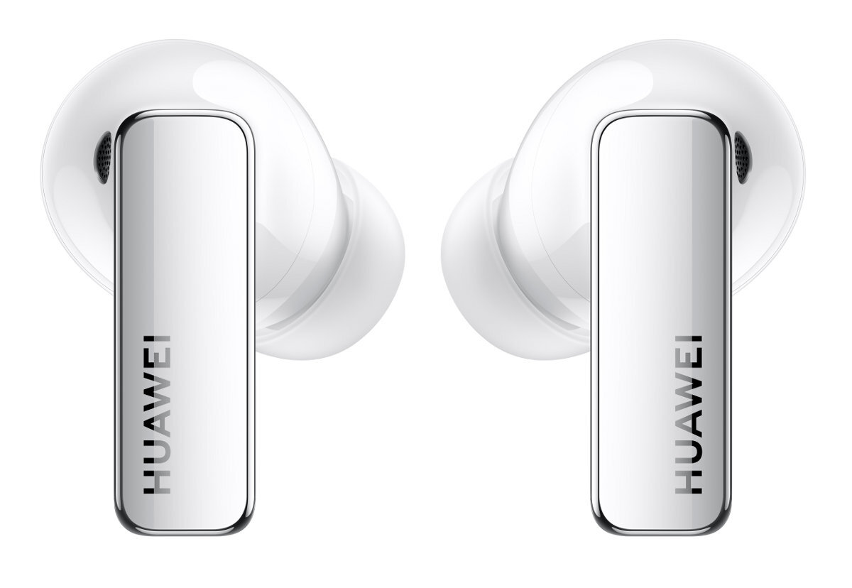 Para białych słuchawek Huawei. Każda słuchawka ma logo Huawei.