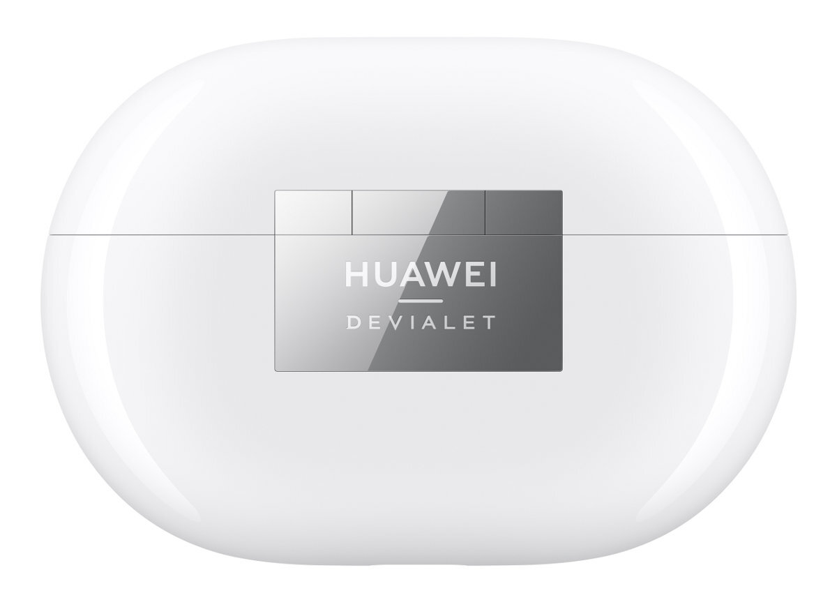 Białe owalne etui ładujące ze srebrnym logo Huawei i Devialet na górze.