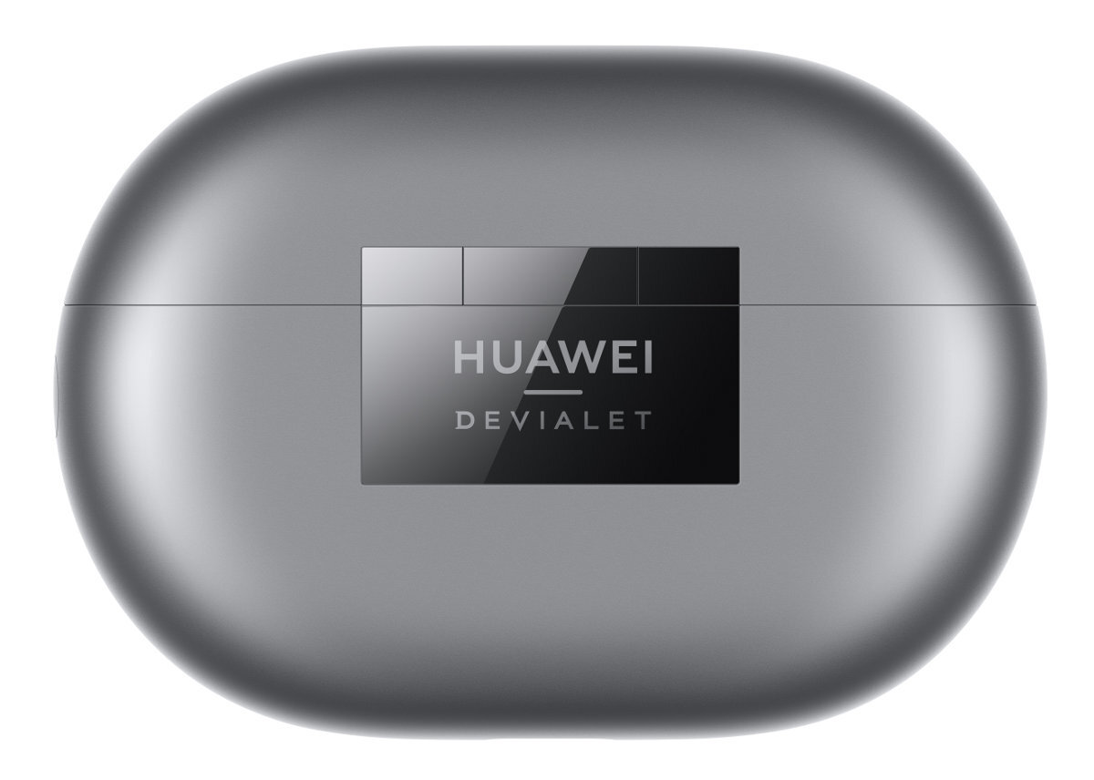 Szare, owalne etui ładujące z logo Huawei.
