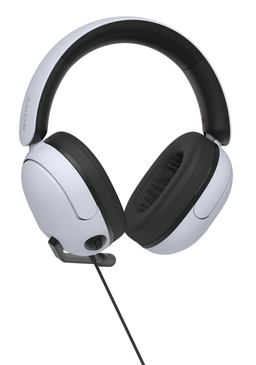 Biało-czarny zestaw słuchawkowy dla graczy z mikrofonem, ujęcie pod kątem.