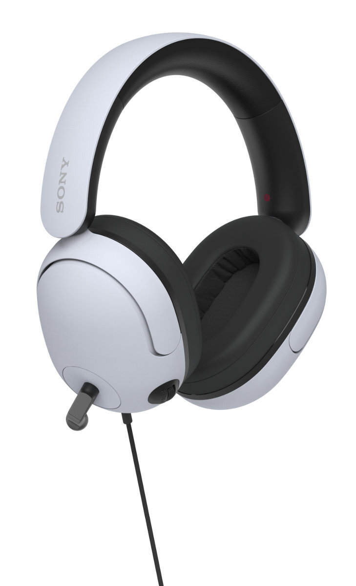 Białe słuchawki Sony z połączeniem przewodowym. Czarne nauszniki i mały mikrofon są widoczne.