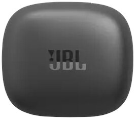 Czarne etui ładujące do słuchawek JBL, widok z góry, z logo JBL.