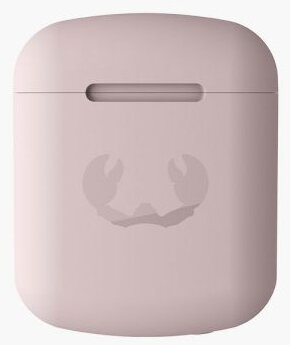 Różowe etui AirPods z logo kraba. Kwadratowy kształt. Białe tło.