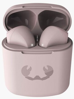 Różowe etui na słuchawki z dwiema różowymi wkładkami dousznymi w środku. Etui jest otwarte.