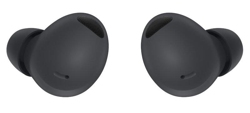 Dwa czarne bezprzewodowe słuchawki. Każdy ma głośnik z siatki i mały port ładowania.