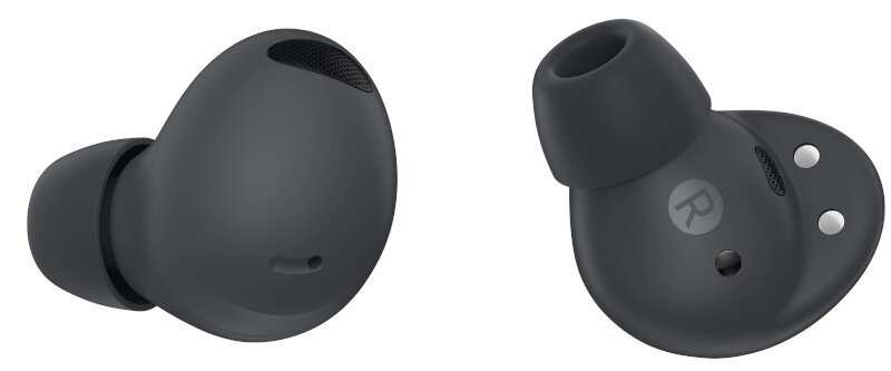 Dwa czarne słuchawki douszne na białym tle. Jeden pokazuje prawą słuchawkę z "R".