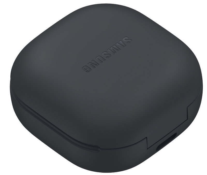 Czarne etui ładujące słuchawek Samsung, widok z góry, na białym tle.