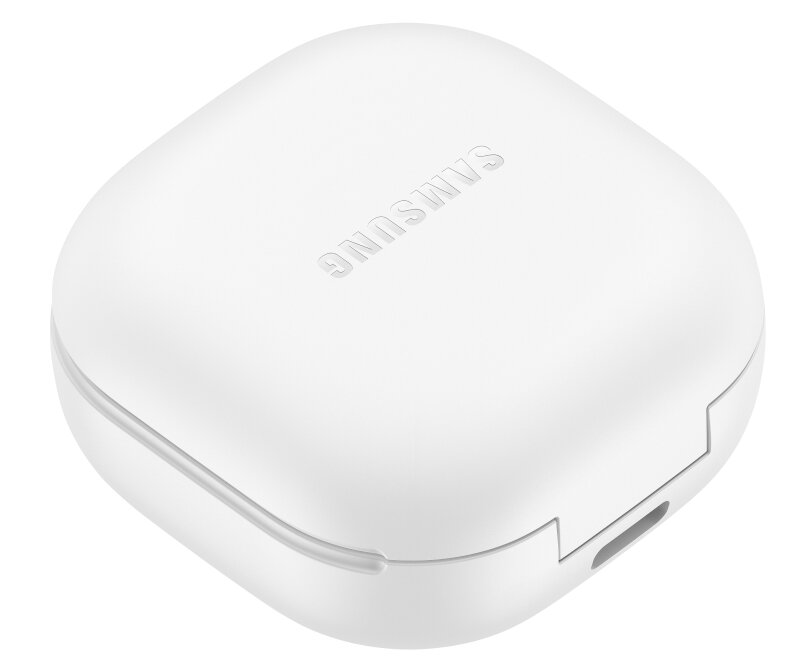 Białe etui na słuchawki Samsung z logo Samsung na górze.