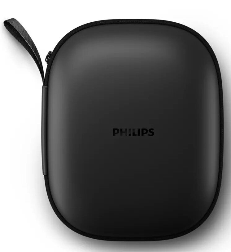 Czarne etui na słuchawki ze słowem "PHILIPS" z przodu.