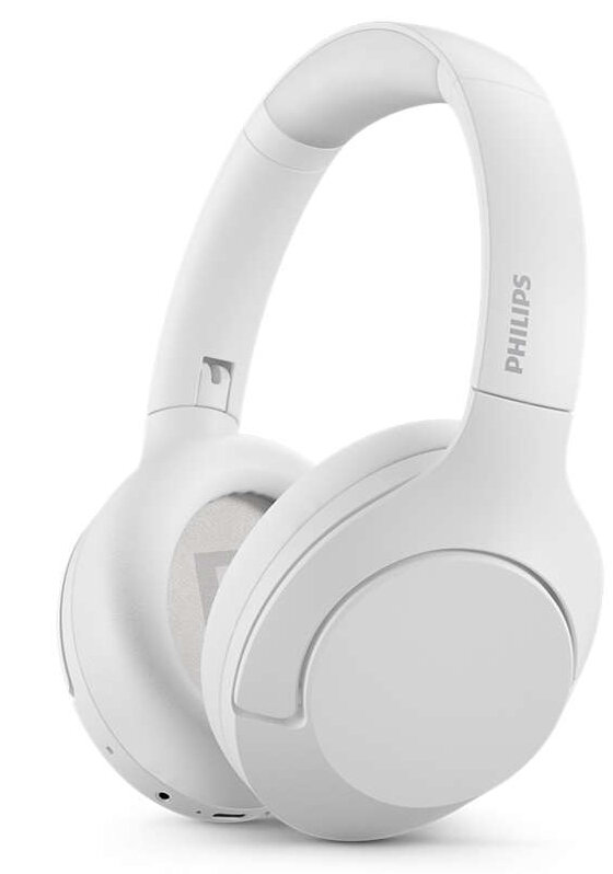 Białe słuchawki Philips, nauszne, z widoczną nazwą marki.