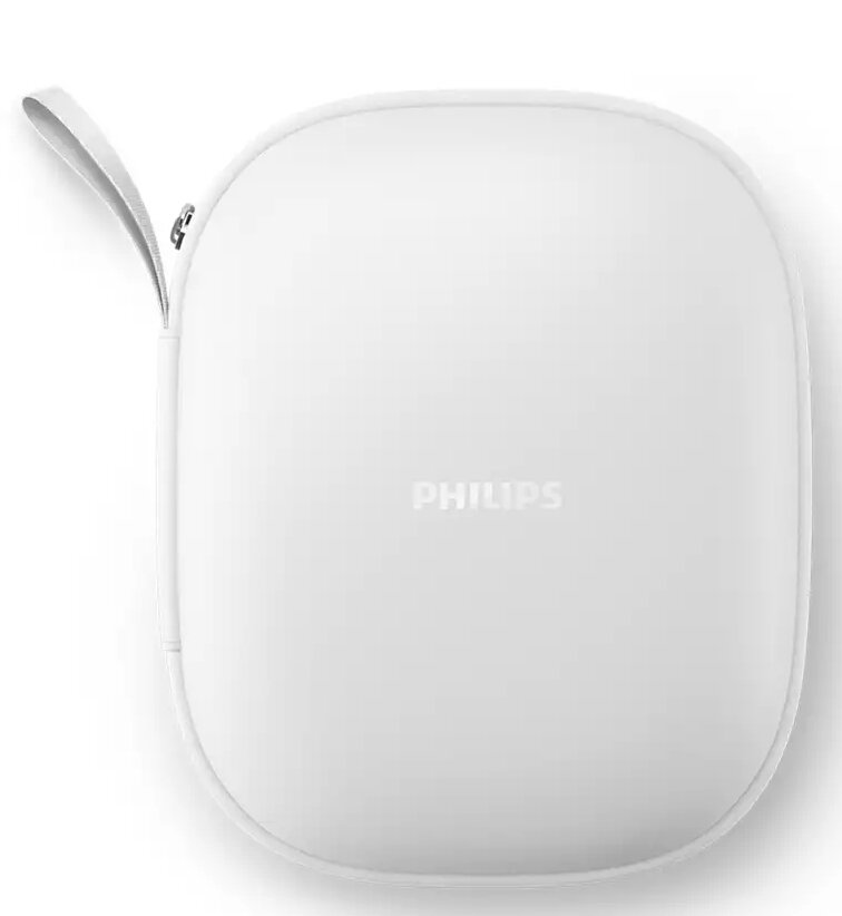 Białe etui na słuchawki Philips z uchwytem i zamkiem błyskawicznym, zbliżenie na białym tle.