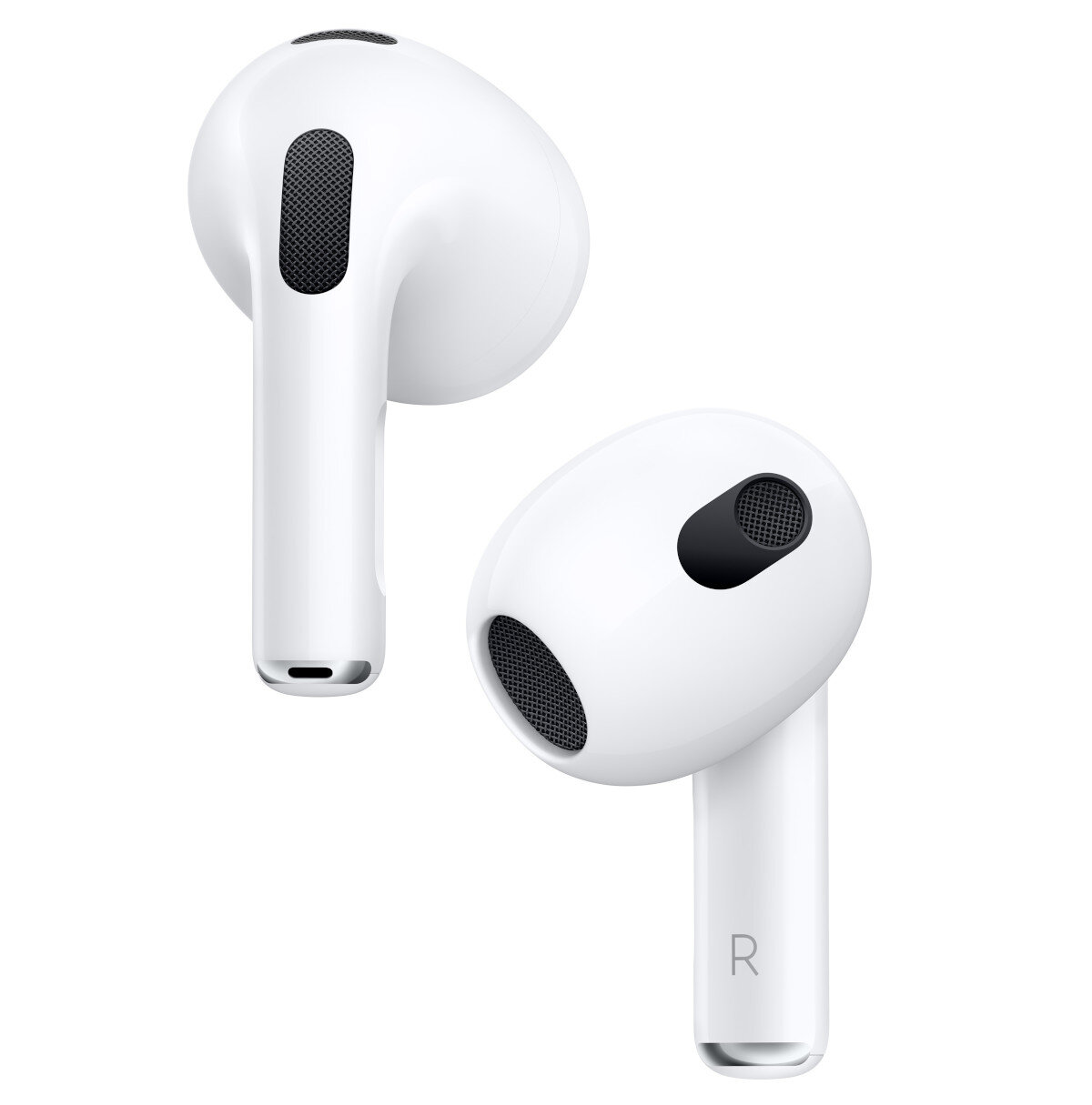 Dwa białe AirPods. Są obok siebie. Tło jest białe.