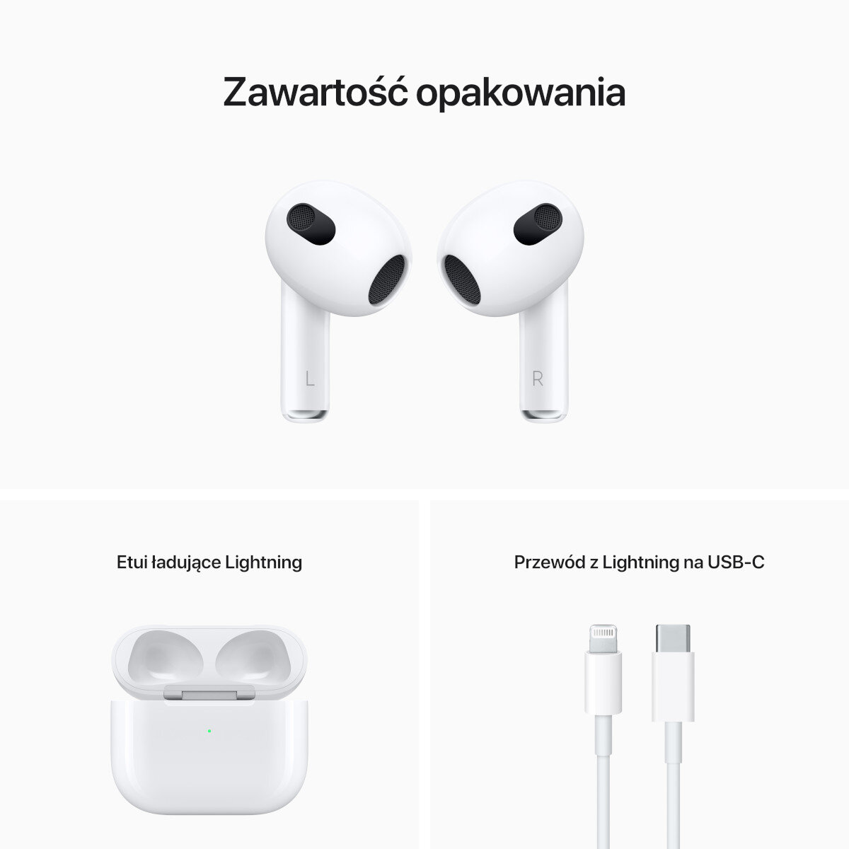 Białe AirPodsy z białą obudową ładującą i kablem Lightning do USB-C.