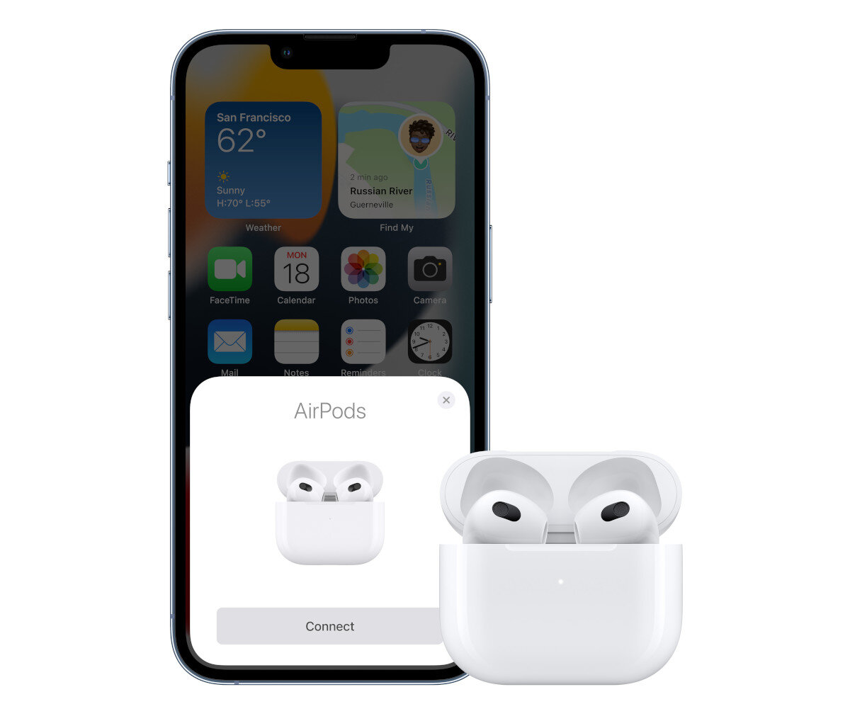 iPhone z AirPods. Ekran telefonu pokazuje monit połączenia AirPods.