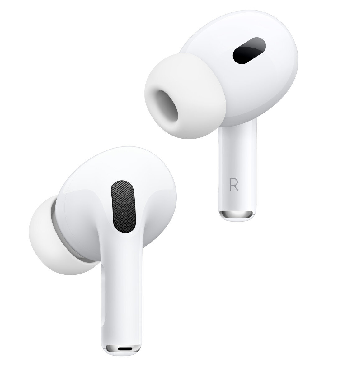 Białe Apple AirPods Pro 2. Słuchawki na białym tle.