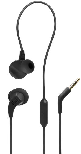 Czarne przewodowe słuchawki JBL z widoczną wkładką douszną i złączem.