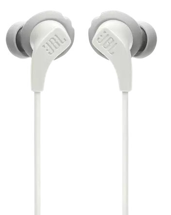 Dwa białe słuchawki JBL z białym kablem. Logo JBL jest nadrukowane na słuchawkach. Pochylona konstrukcja.