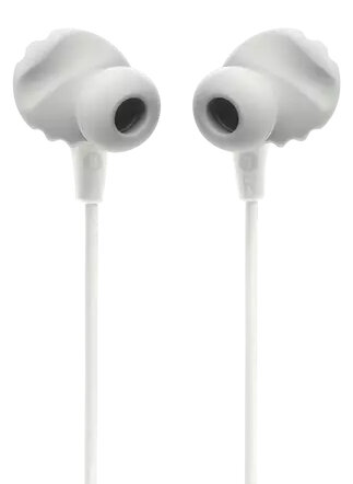 Dwa białe słuchawki z białymi przewodami na białym tle.