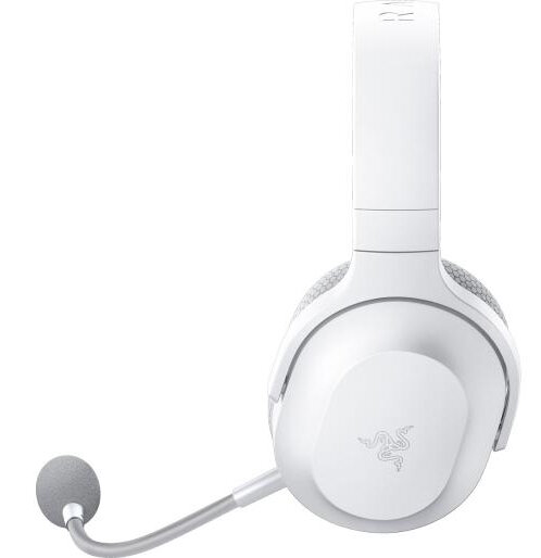 Biały zestaw słuchawkowy Razer do gier z mikrofonem wychodzącym z lewej strony.