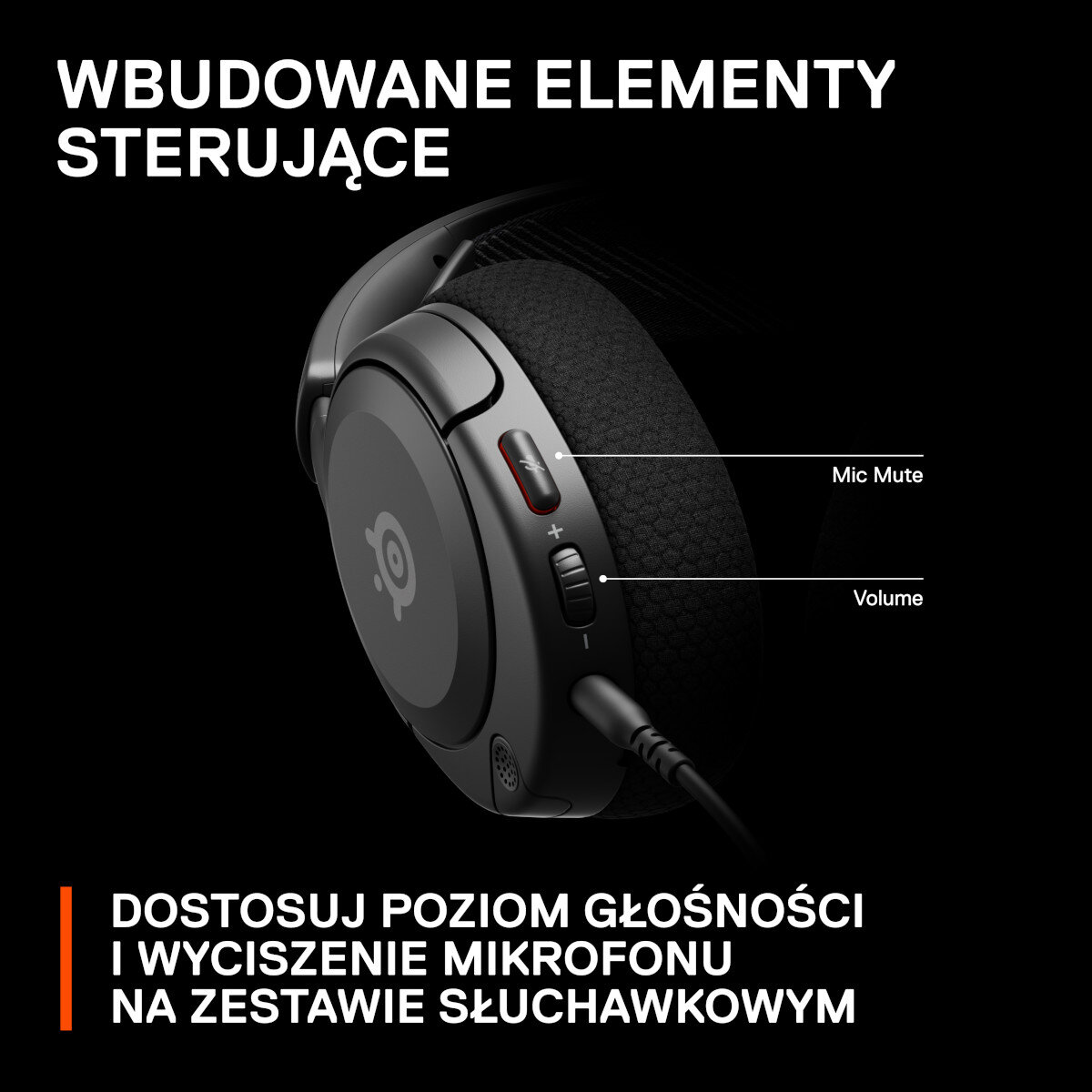 Czarny zestaw słuchawkowy, widoczne elementy sterujące z tekstem dla głośności i wyciszenia.