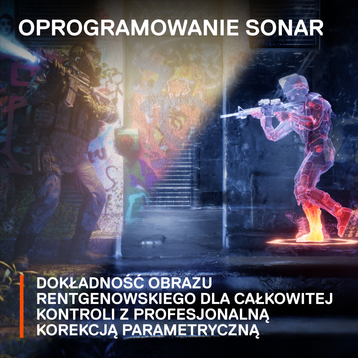 Dwie postacie w ekwipunku bojowym, jedna z karabinem, w ciemnym otoczeniu z nakładką oprogramowania Sonar.