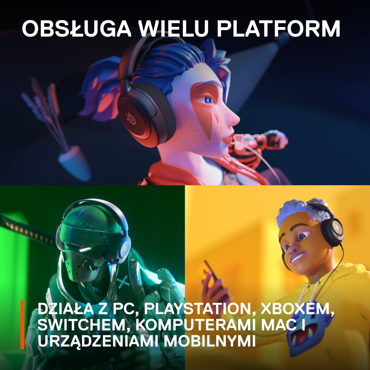 Obraz z osobami noszącymi słuchawki, z tekstem o użytkowaniu multiplatformowym.