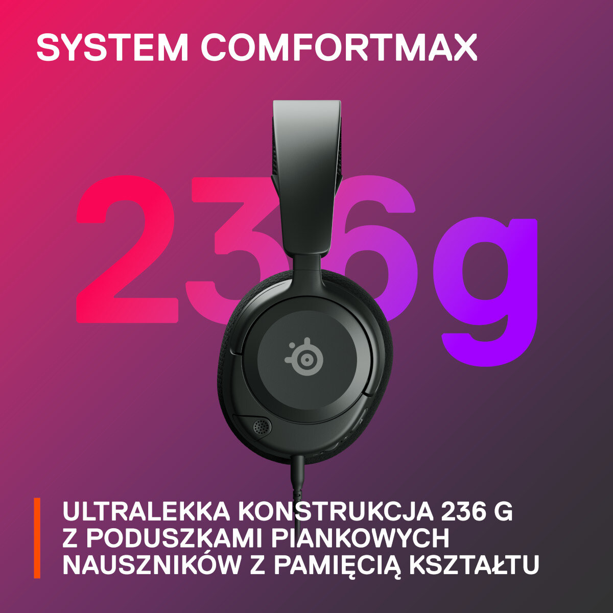 Czarne słuchawki z czarnym pałąkiem. Wyświetlana jest waga 236g.